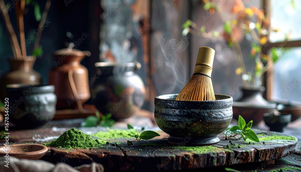 Fototapeta premium Bamboo whisk in a steaming matcha tea bowl on rustic wood Green powder and fresh leaves Traditional Japanese tea scene