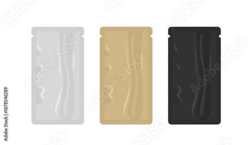 Set of realistic foil sachets for packaging design presenting silver, gold and black colors
