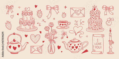 Set of hand drawn coquette elements for Valentines day, wedding invitation, birthday card. Cute girly bows, hearts, ribbons, cherry, cake, heart frame, strawberry. Vector illustartion
