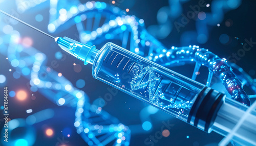 Genetic Code Infusion: An artistic representation of a syringe filled with a solution, poised to deliver genetic material, set against a luminous backdrop of intertwined DNA strands.
