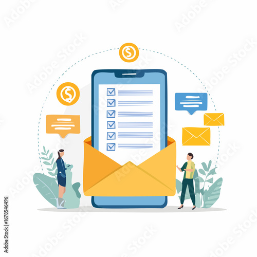 Mobile phone with email and messaging icons.