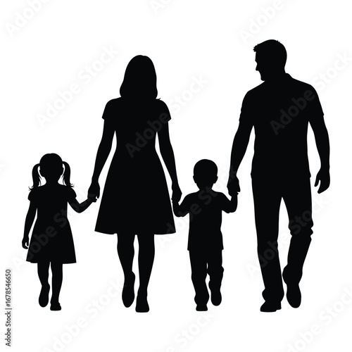 Silhouette of Parents with Two Children Holding Hands Walking Together