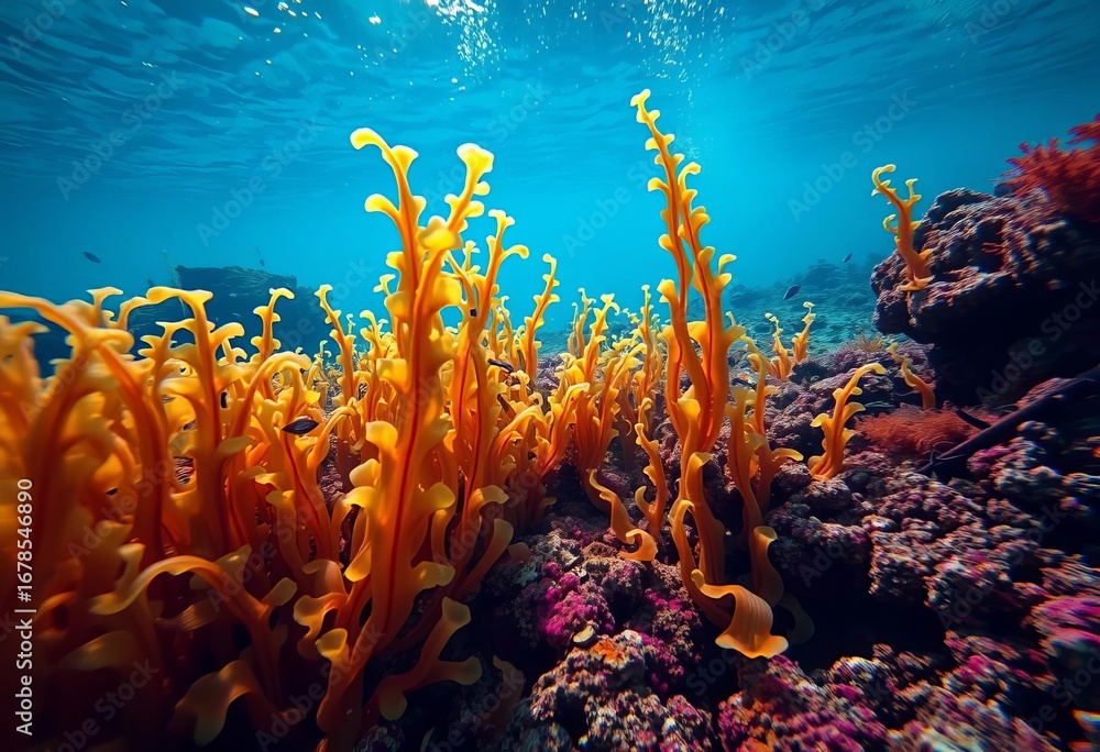 Fototapeta premium Vibrant underwater scene, lush seaweed, ocean floor details, coral, plants