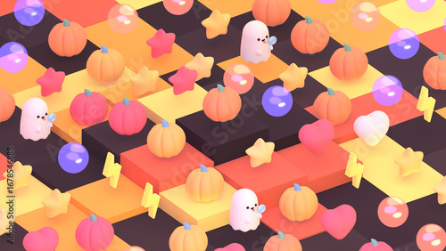 3D render cute Halloween ghosts and pumpkins on cubic floor.