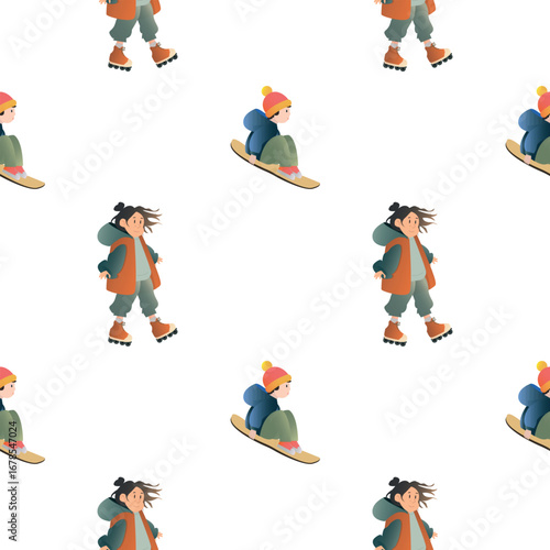 Cute Roller Skating Girl Pattern on White Background