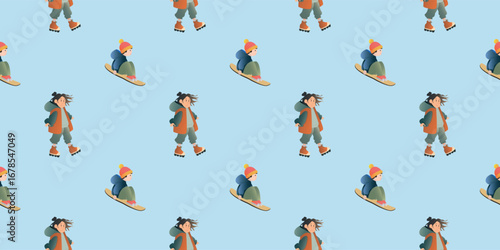 Winter Pattern Girl Skiing on Light Blue Background