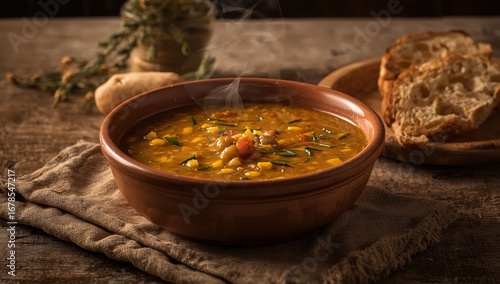 Rustic bowl of pea soup with bread on table
