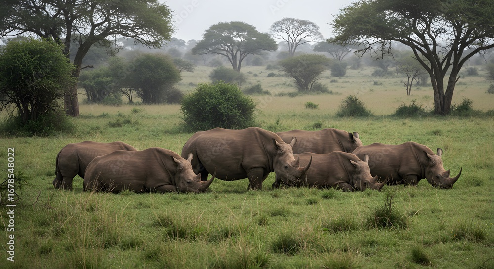 Fototapeta premium White rhinoceroses resting in grassland