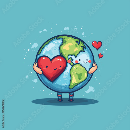 Cute adorable earth cartoon hugs love heart. World earth day concept design. Kawaii mascot character clip art. Vector art illustration