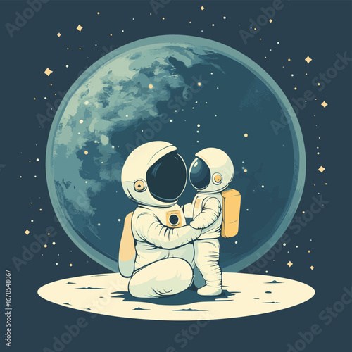 Astronaut mother and child on planet Earth. Humanity and the uni, vector style simple color