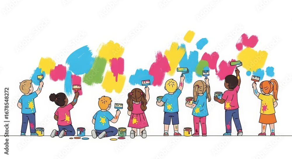 Fototapeta premium Group of Diverse Children Painting a Colorful Abstract Mural on a White Wall