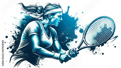 US OPEN TENNIS 2025 Illustration of a female tennis player with a racket in action pose artistic splash background design silhouette