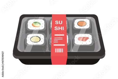 Set of sushi packaging. Sushi delivery. Japanese culinary.  Freshness sushi. Sushi maki. 