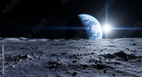 Fototapeta Naklejka Na Ścianę i Meble -  A breathtaking view of earth rising over the lunar horizon, casting a soft glow on the moons surface and highlighting the vastness of space