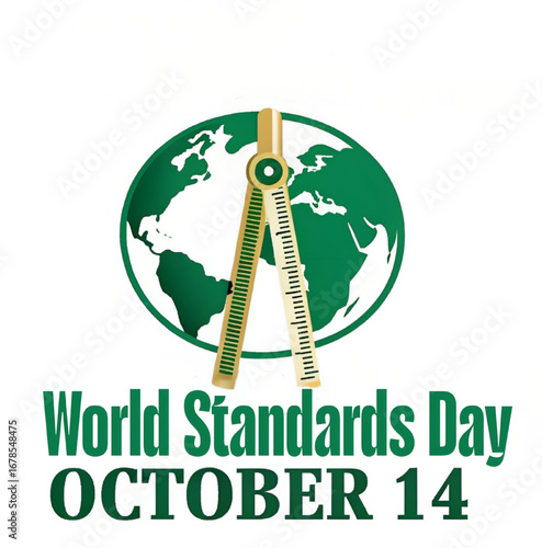 World standards day 14 OCTOBER  World standards day october fourteenth with green globe and measuring tool on a white background design silhouette