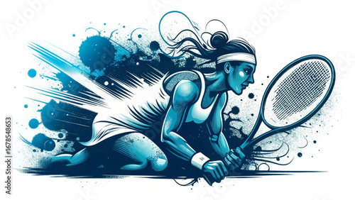 US OPEN TENNIS 2025 Illustration of a female tennis player in action with dynamic blue and white abstract background design silhouette