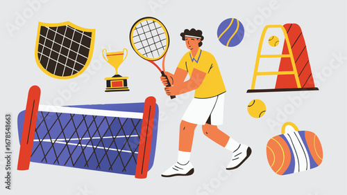 US OPEN TENNIS 2025 Illustration of a tennis player with a racket near a net and other tennis equipment and a trophy cup silhouette