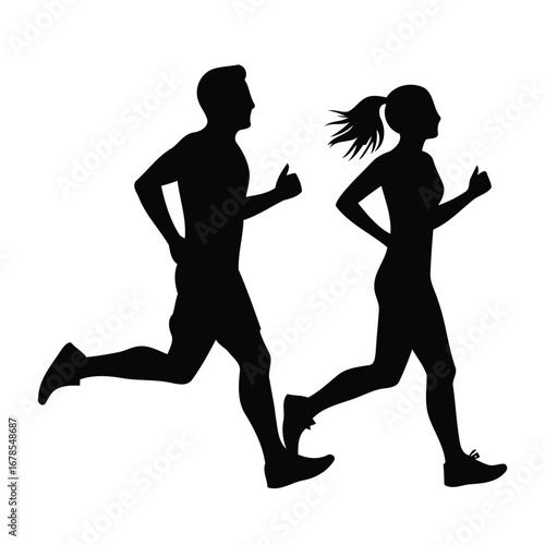 Silhouette of Jogging Couple Running Together, Man and Woman Running Vector Illustration, Fitness Silhouette of Active Couple Jogging