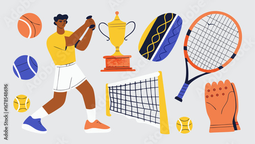Illustration of a tennis player with equipment including balls racket net trophy and sweatband on a light background silhouette
