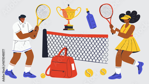 US OPEN TENNIS 2025  Tennis players with rackets trophy net bag and balls ready for a game on a neutral background scene silhouette
