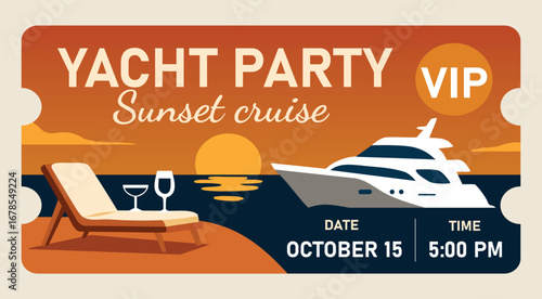 Vector VIP ticket for evening yacht party, sunset cruise. Stylish design with glasses, chaise longue, yacht and sun. Ideal for templates, posters, invitations and advertising
