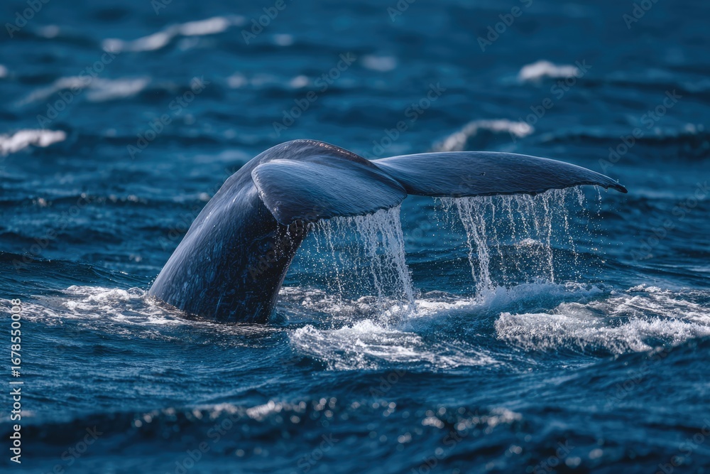 Obraz premium Whale tail emerging from deep blue ocean