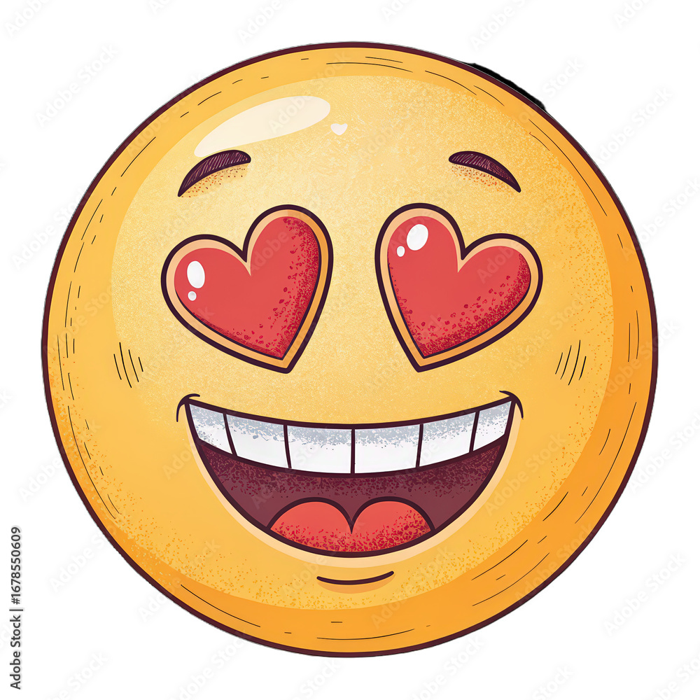 Obraz premium Smiling emoji with heart-shaped eyes symbolizing love and admiration png, emoji illustration heart eyes png, love emoji design png, admiration symbol transparent background image