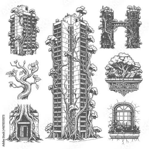 The Overgrown City A Post-Apocalyptic Illustration Set in a Detailed Engraving Style Isolated on White