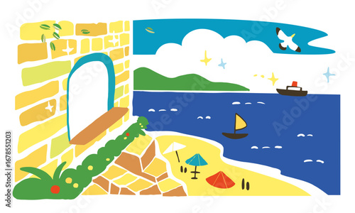 海沿いの街並みのイラストレーション	