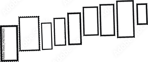 Abstract geometric frames with perforated edges ascend dynamically on white