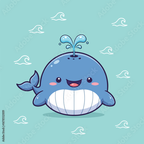 Cute cartoon whale smiling and spouting water in the ocean with gentle waves, creating a cheerful and playful scene.