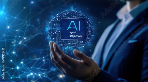 Wallpaper Mural Businessman holds futuristic ai chip with glowing neural network overlay technology innovation concept Torontodigital.ca