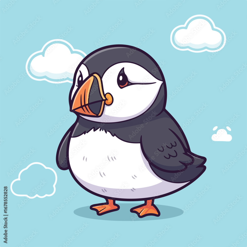 Naklejka premium Cute puffin standing against a light blue sky with fluffy white clouds, looking thoughtful and serene in a minimalist style.