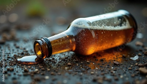 Close-up of a discarded beer bottle, symbolizing the destructive nature of alcoholism; empty, broken, and lying on a gritty surface , broken, rehabilitation
