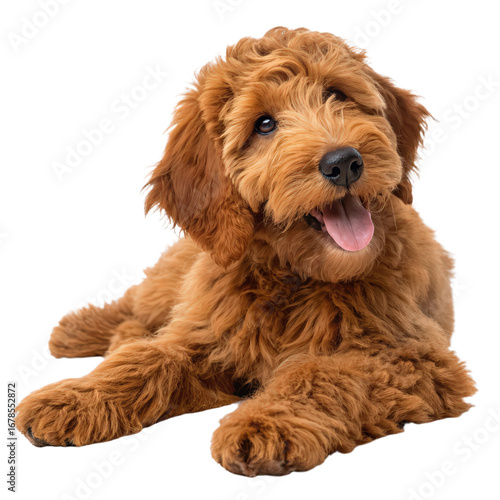 Adorable red Cobberdog, also known as Labradoodle puppy, laying down sideways looking sweet and cute png, red Labradoodle puppy with soft fur png, adorable little dog relaxed on the floor png