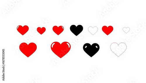 Simple red, black, and white heart icons; perfect for various designs, design, heart