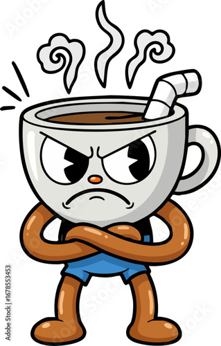 A Grumpy, Steaming Coffee Mug with Arms Crossed