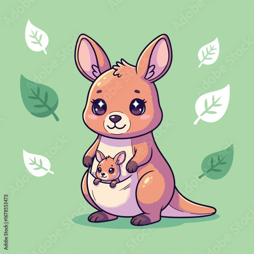 Cute kangaroo holding joey in pouch surrounded by falling leaves on light green backdrop conveys a sense of tenderness and nature's harmony.