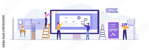 Team of developers collaborating on computer screen software update and website maintenance in flat minimalist vector style illustration