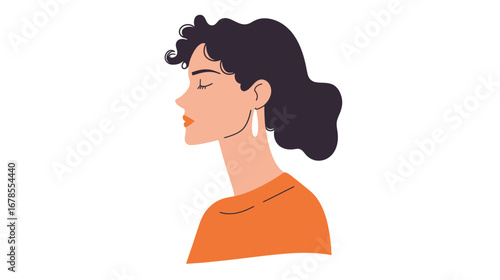 Profile of adult woman with curly hair and minimalist style wearing orange top and earrings isolated on white background vector illustration