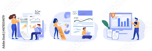 Business people analyzing financial reports charts data teamwork concept flat vector illustration set with diverse professionals reviewing graphs documents explaining analytics