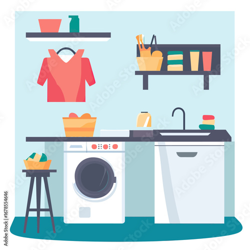 Minimalist laundry room interior design with front load washing machine, sink, hanging clothes, storage shelves and cleaning supplies in flat vector style