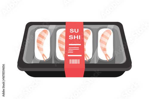 Shrimp sushi in a black container with a sushi label. Sushi packaging container. Delivery sushi. Japanese dish. 