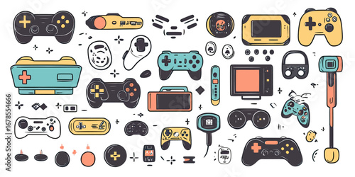 Hand drawn video game controllers console joystick retro handheld devices collection flat minimalist vector illustration colorful gaming equipment icons set