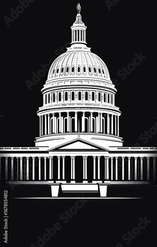 Monochrome black and white vector illustration of United States Capitol building dome and classical columns with minimalist architectural style and political theme design