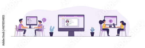 Two pairs of people having online video calls on desktop computers with chat bubbles, digital communication and remote collaboration concept flat vector illustration