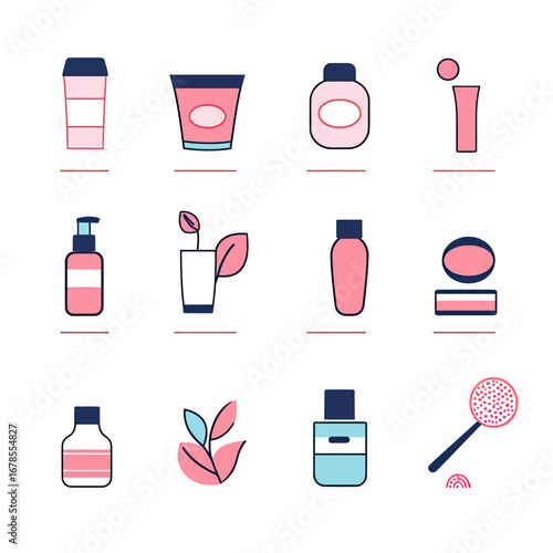 Minimalist flat vector icons set of various skincare product containers bottles jars creams lotion pump dispenser and natural leaves elements for beauty routine design