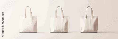 Set of three blank reusable cotton tote bags with handles isolated on white background minimal eco friendly shopping bags mockup for sustainable lifestyle and environment