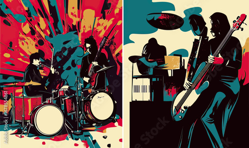 Vector illustration of abstract musical band performing live with electric guitar drums bass and keyboard on colorful dynamic background for concert poster design