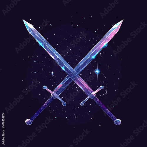 Crossed polygonal swords glowing with neon light effect on dark starry background digital low poly vector illustration of medieval weaponry protection and security concept